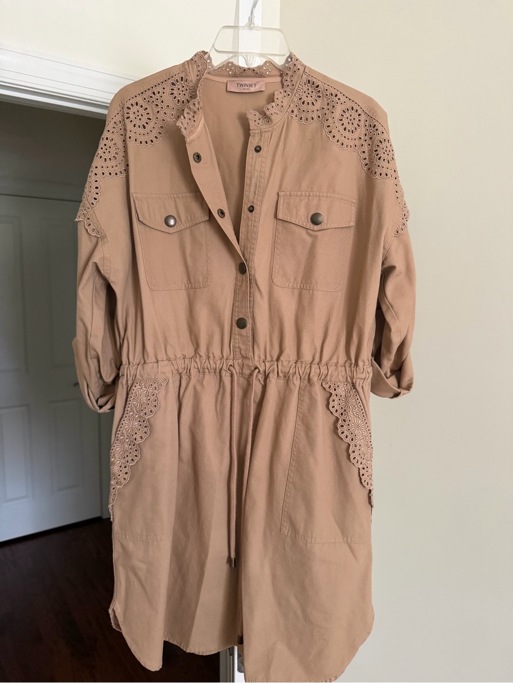 Twin-Set Beige Eyelet-Trim Drawstring Utility dress